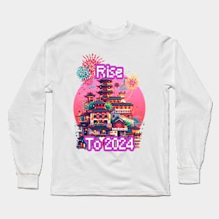 Chinese New Year: Rise to 2024 with Pixel Art Fireworks Long Sleeve T-Shirt